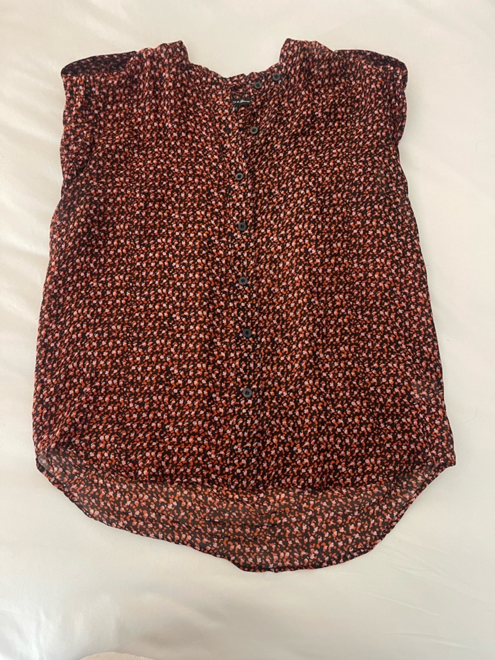 Broadway & Broome 100% Silk Blouse Size Small Black Rust Print Sheer Top